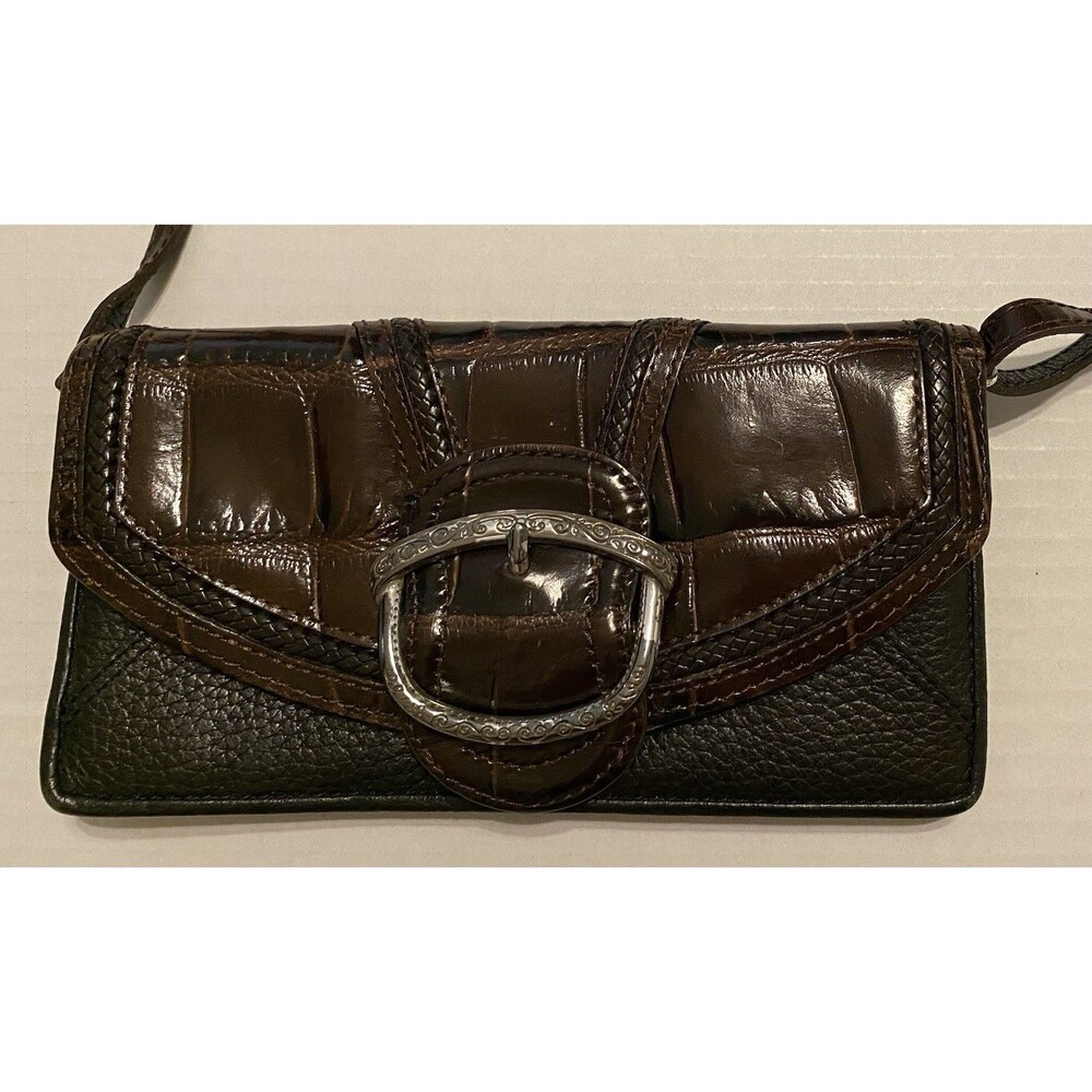 Brighton Vintage Leather Crossbody Organizer Wallet Purse Brown Croc Blk Pebble